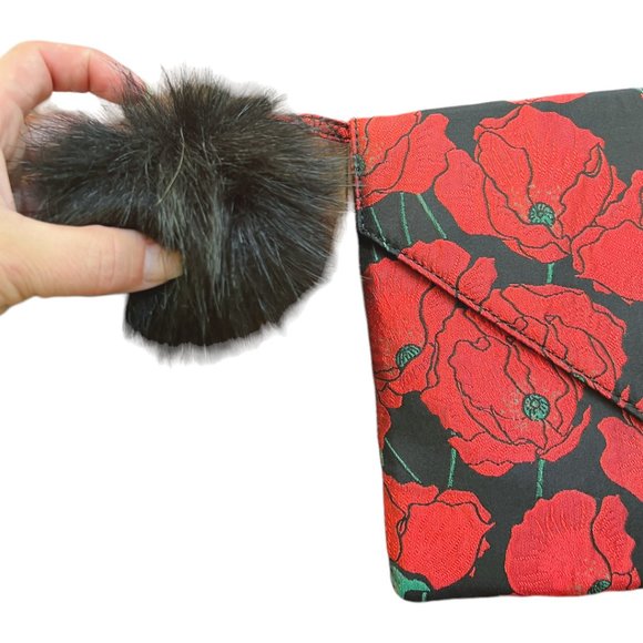 NWT Anthropologie Monserrat De Lucca Black & Red Floral Poppy Clutch w/ Pom Pom - Picture 3 of 8